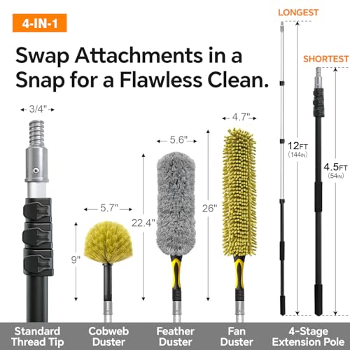 4-in-1 4-12Ft 4-Stage Telescoping Extension Pole Kit for Cleaning