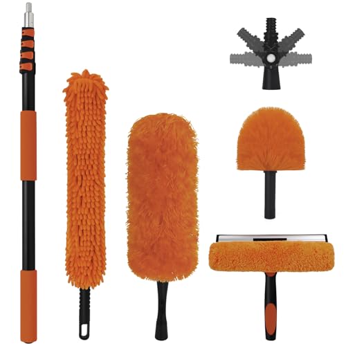 20FT High Reach Duster Cleaning Kit with 3-12FT Extension Pole, 4-in-1 Ceiling Fan Duster, Cobweb Remover, Bendable Feather Duster & Window Squeegee for High Ceilings, Walls and Outdoor Cleaning