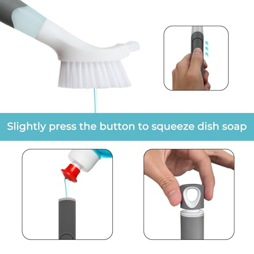 REEWII Dish Brush with soap Dispenser，4 PCS Replacement Brush Refills dishwashing Brush Set for Kitchen Utensils, Pans, Sinks, cookware