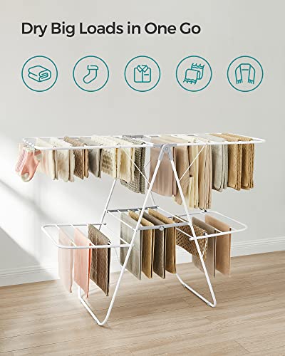 SONGMICS Clothes Drying Rack, Foldable 2-Level Stee Laundry Drying Rack - color: White + Gray, size: 2 Tiers（22"d x 61.8"w x 64.3''h )