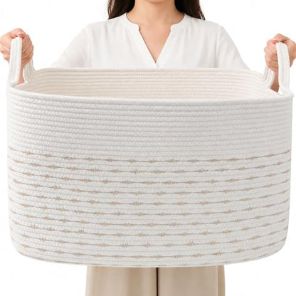 96L Woven Laundry Basket with Handles, Extra Blanket Basket,Yellow - color: White & Yellow, size: 96L