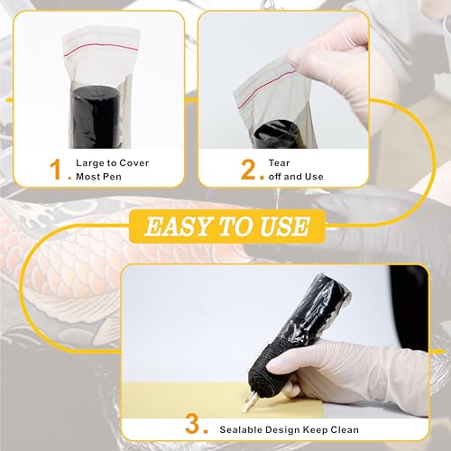 Tattoo Pen Covers 200PCS & 6 Rolls Grip Tape 2.56"x7" Black - color: Black