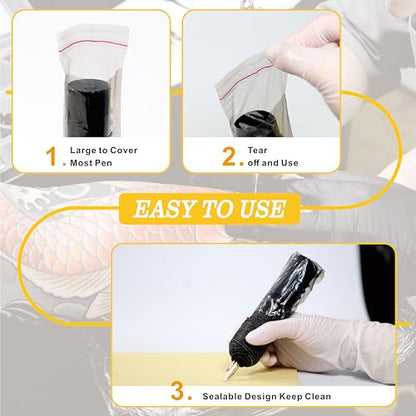 Tattoo Pen Covers 200PCS & 6 Rolls Grip Tape 2.56"x7" Black - color: Black