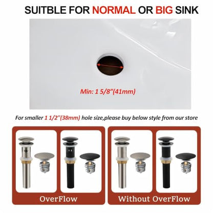 Bathroom Sink Drain with Overflow - Big Cap Pop up Drain Fit for Large Undermount Sink with Standard 1 3/4" Drain Opening,Brushed Nickel,YDPOP-3 - color: Brushed Nickel, size: With Overflow