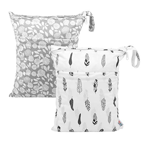ALVA 2pcs Cloth Diaper Wet Dry Bags Waterproof Reusable with Two Zippered Pockets Travel Beach Pool Daycare Soiled Baby Items Yoga Gym Bag for Swimsuits or Wet Clothes - color: 05Falling feathers and gray chrysanthemums