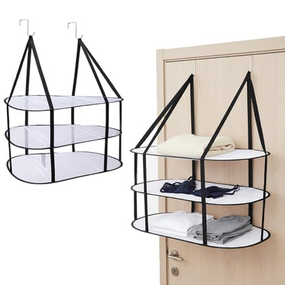 3-Tier Sweater Drying Rack Over The Door, Foldable Mesh Hanging Dryer Flat with Hooks, Large Breathable Laundry Drying Hanger, Clothes Lay Flat Dryer for Apartments Dorms Bathrooms