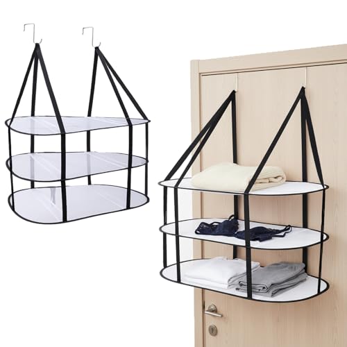 3-Tier Sweater Drying Rack Over The Door, Foldable Mesh Hanging Dryer Flat with Hooks, Large Breathable Laundry Drying Hanger, Clothes Lay Flat Dryer for Apartments Dorms Bathrooms