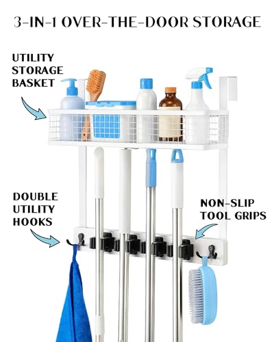 Lorbro Over the Door Broom and Mop Holder with Basket, 4 Grips and 4 Hooks