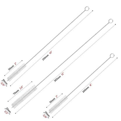 Drinking Straw Cleaning Brushes Set Pipe Tube Cleaner Nylon Bristles Stainless Steel Handle 8" 10" 12" Extra Long 10mm 12mm Extra Wide Diameter - Set of 4