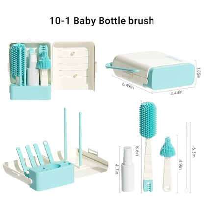 Aynmer Baby Bottle Brush Cleaner Set - 10 In 1 Travel Bottle Cleaning Brush Kit with Silicone Bottle Brush, Nipple Brush, Soap Dispenser, Portable Drying Rack, Breast Pump & Bottle Cleaning Kit -Green - color: Lake Green