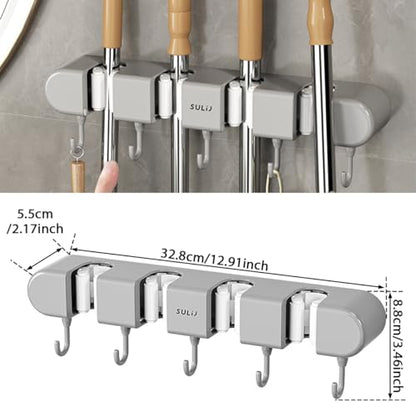 2Pcs Broom Holder Wall Mount, No-Drilling Self-Adhesive Mop and Broom Storage Rack with Hooks (4 Racks with 5 Hooks), Wall-Mounted Broom Hanger for Bathroom, Kitchen, Closet, Garage (Grey) - color: Grey