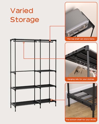 CASAMAYA Clothes Rack, Portable Closet, 44.9 Inch Large Capacity Wardrobe Closet, Clothes Storage Organizer with Shelves and 2 Hanging Rods, Easy to Assembly, Black PCT021B01 - size: 44.9"L x 16.9"W x 77.6"H