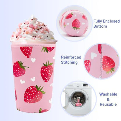 Iced Coffee Sleeve Reusable Neoprene Cup Sleeves, Strawberry - color: Strawberry