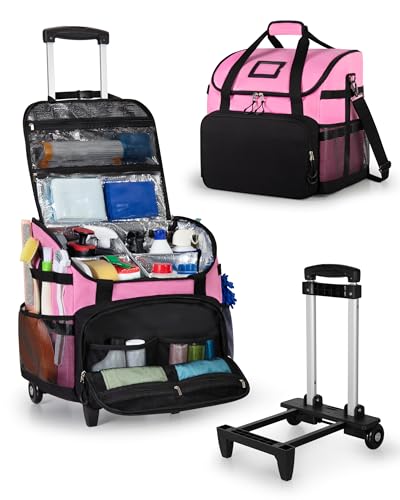Marscamd Large Rolling Cleaning Caddy Bag with Detachable Trolley, Pink - color: Pink