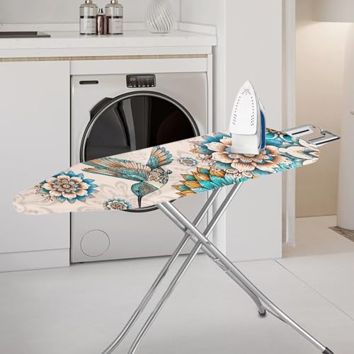 Boho Mandala Flower Print Ironing Board Cover - Elastic Edge, Hummingbird Printed Iron Board Cover Standard Size, Stain Heat Resistant Ironing Board Protector, Home Decoration - color: Boho Mandala Flower Hummingbird - Multi