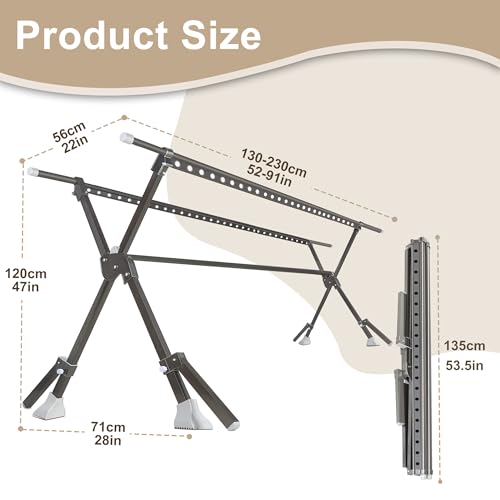 52-91 Inches Clothing Rack, Clothes Drying Rack Foldable, Length Adjustable, Laundry Clothes Drying Rack, Heavy Duty, Indoor Outdoor, with 42 Windproof Hooks, Easy Installed - color: Horseshoe Coat Rack