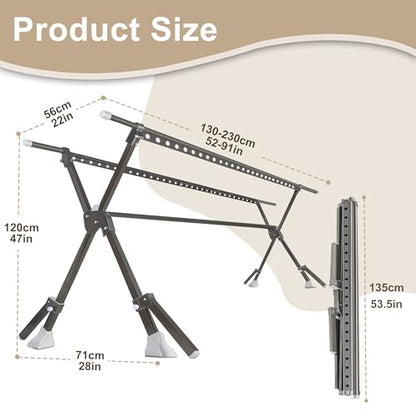 52-91 Inches Clothing Rack, Clothes Drying Rack Foldable, Length Adjustable, Laundry Clothes Drying Rack, Heavy Duty, Indoor Outdoor, with 42 Windproof Hooks, Easy Installed - color: Horseshoe Coat Rack