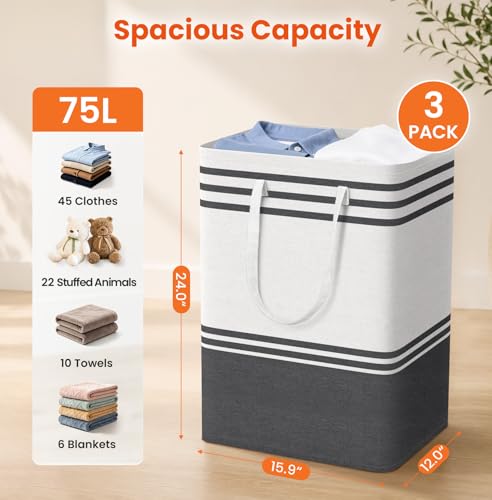 TranquilRelax 3-Pack Laundry Basket, Laundry Hamper, Grey-75L - color: Grey, size: 75L