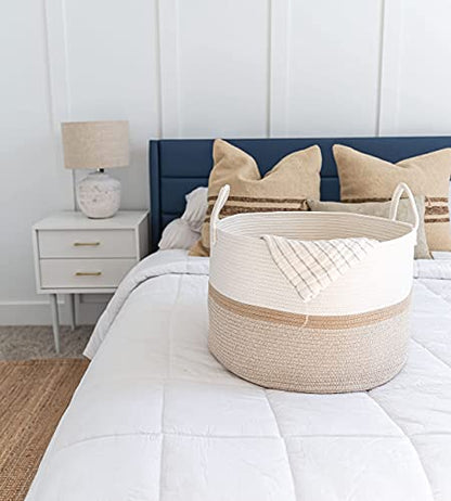 OrganiHaus Round Toy Basket & Blanket Basket, Cotton Rope 20x13" - color: Striped Honey, size: Wide
