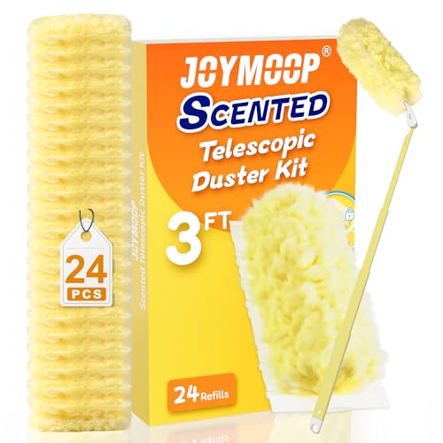 JOYMOOP Scented Telescopic Duster kit, 3FT Extendable Handle (Yellow) + 24 Yellow Refills for Swiffer Feather Duster,Easy Cleaning for Ceilings, Ceiling Fans, Blinds, Vents & Shelves - color: Yellow[extendablehandle]*1+yellow[refills]*24