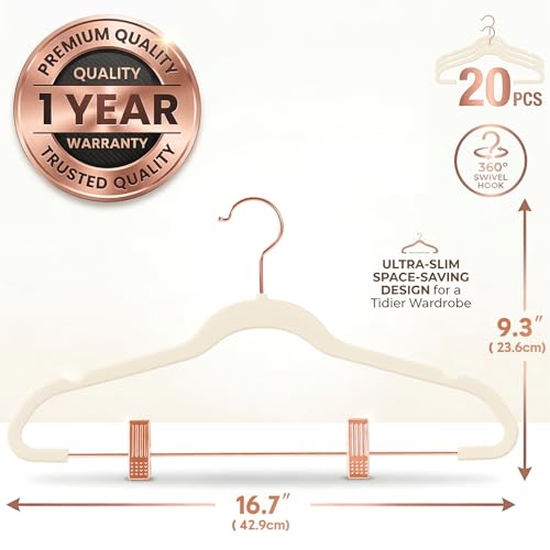 MIZGI Premium Velvet Pants Hangers with Clips (Pack of 20) - Slim Skirt Hangers - Non Slip Felt - Ivory - Copper/Rose Gold Hooks - Space Saving Shirt Clothes Hangers - color: Ivory/Rosegold, size: 20-Pack