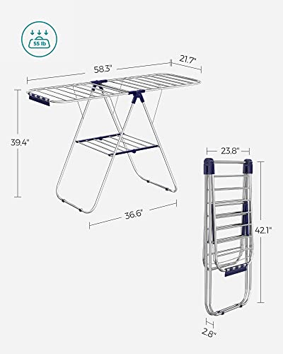 SONGMICS Clothes Drying Rack, Foldable Space-Saving Steel Laundry Rack - color: Silver + Blue, size: 1 Tier （21.7"d x 58.3"w x 39.4"h）