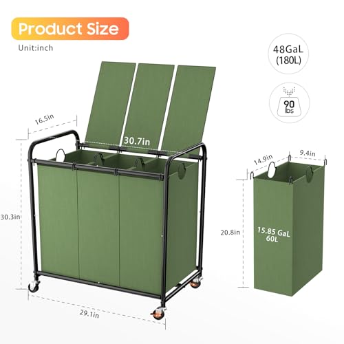 180L Laundry Sorter 3 Section, Rolling Laundry Basket with Wheels and Lid - color: Green-3Sec, size: 47.55Gal