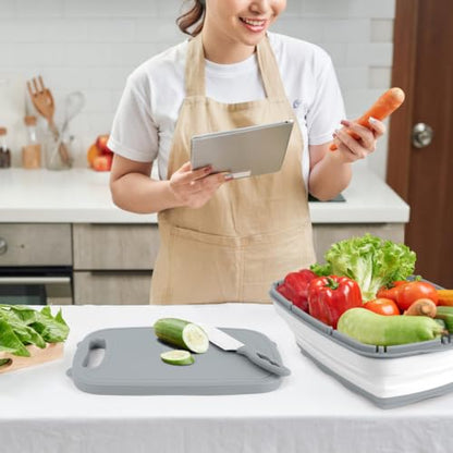 HI NINGER Collapsible Cutting Board with Colander, 9-In-1 Multi Chopping Board Kitchen Vegetable Washing Basket for Camping Gifts Camping Accessories for RV Campers - color: Gray