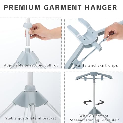 Garment Steamer Rack and Garment Ironing Glove for Clothes Adjustable Garment Hanger Standing Adjustable Steamer Stand for Clothes Foldable Iron stand with Ironing Glove for Steaming Clothes 32-63Inch - color: Gray 2PCS