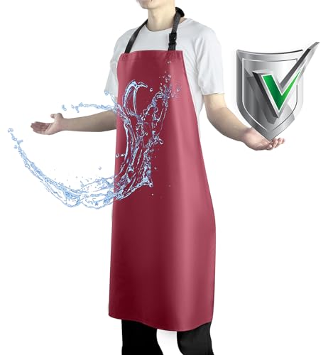Waterproof Apron with Comfortable Adjustable Bib Rubber Vinyl Dishwasher Heavy Duty Apron for Men Women Dishwashing - color: Red
