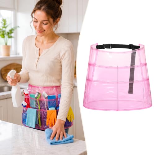 Clear Cleaning Apron with 5 Pockets and Adjustable Belt, Waterproof Caddy Aprons for Gardening Work of House Hotel - color: Pink