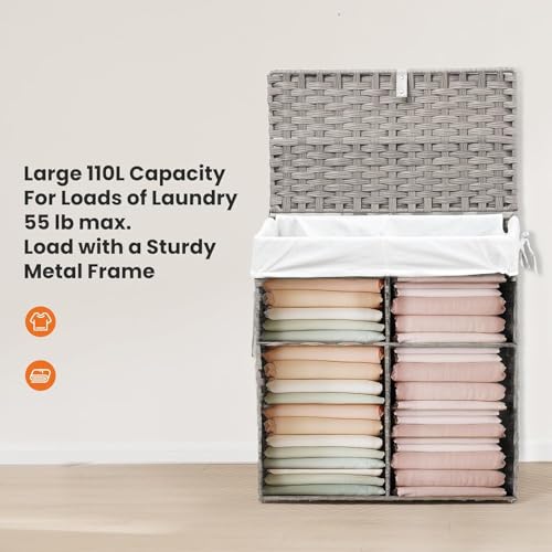 Laundry Basket with Lid, 110 L Large Capacity Hamper, Rattan Laundry Basket with Compartments & Handles, Foldable, Removable Liner, Dove Gray - color: Dove Gray, size: 110 L