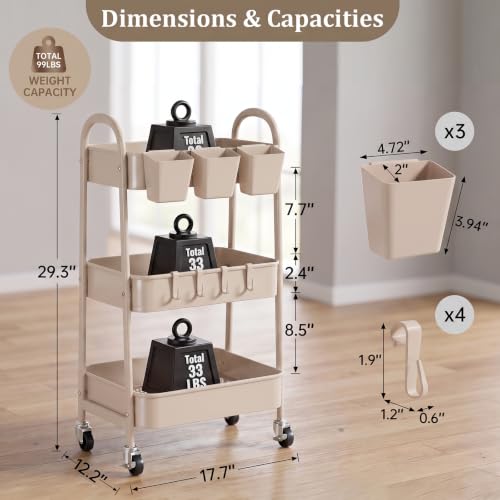danpinera 3-Tier Rolling Cart, Utility Cart Mobile Metal Rolling Storage Cart with Lockable Wheels & Hanging Cups & Hooks for Kitchen, Bathroom, Office, Workshop, Beige - color: Beige, size: 3 tier