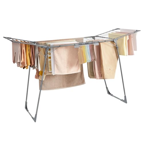 SONGMICS Clothes Drying Rack, Foldable, Heavy Duty, Space Saving - color: Gray, style: 2 Gullwings（22.2"D)