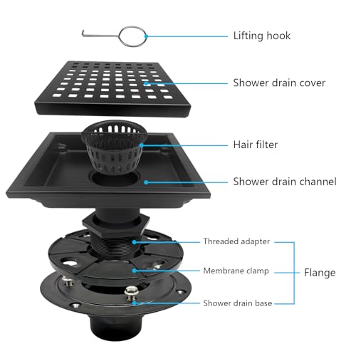 4 Inch Square Shower Drain with Flange, Removeable Grate SUS 304 Stainless Steel Shower Drain with Hair Catcher (Matte Black, 4 Inch) - color: Matte Black, size: 4 Inch