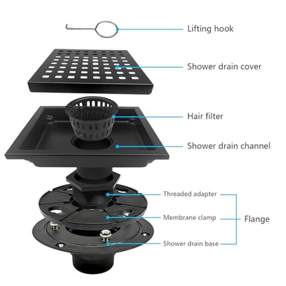 4 Inch Square Shower Drain with Flange, Removeable Grate SUS 304 Stainless Steel Shower Drain with Hair Catcher (Matte Black, 4 Inch) - color: Matte Black, size: 4 Inch