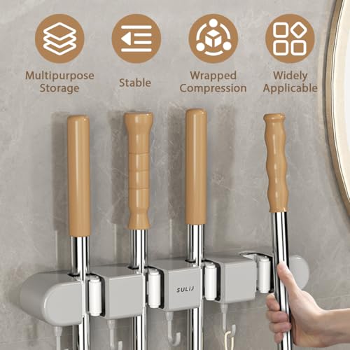 2Pcs Broom Holder Wall Mount, No-Drilling Self-Adhesive Mop and Broom Storage Rack with Hooks (4 Racks with 5 Hooks), Wall-Mounted Broom Hanger for Bathroom, Kitchen, Closet, Garage (Grey) - color: Grey