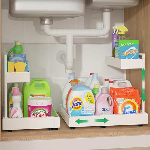 REALINN Expandable Under Sink Organizer with 6-Level Height Adjustment - color: White, size: 2 Pack