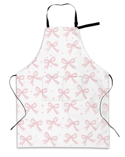 Cooking Aprons for Men and Women,Adjustable Bib Chef Apron with 2 Pockets, Soft and Durability Kitchen Apron - color: Cute Pink Bow Heart