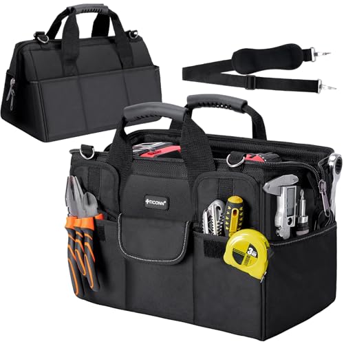 TICONN Heavy Duty Tool Bag Organizer, Portable Tool Box with Shoulder Strap - color: Black, size: 14" Standard Base