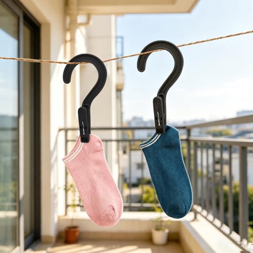 Andiker 4pcs Laundry Hooks with Clips, 5.2" Super Strong Clamping Plastic Single Clip Hangers Portable Travel Hangers with Clips to Hang Socks Towels Boots and Dry Wet Clothes (Black) - color: Black