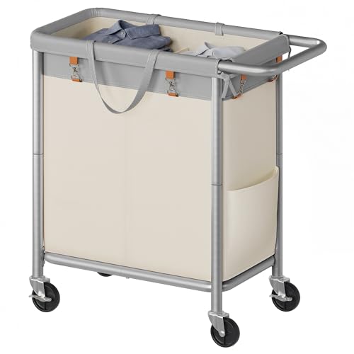 SONGMICS HOME Rolling Laundry Basket with 2 Compartments, 37-Gallon Laundry Hamper with Wheels, Removable Liner, Gray and White - color: Gray + White, style: 140 L (2-Section)
