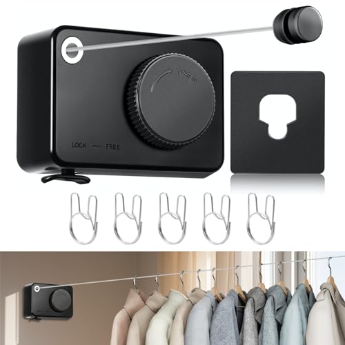 Retractable Clothesline Indoor, Non-Sagging Clothes Line Retracting Outdoors,13.8Ft Heavy Duty Clothes Drying Laundry Line, Wall Mounted Clothesline with 5pcs Hooks (RectangleBlack) - color: Black-13.8ft