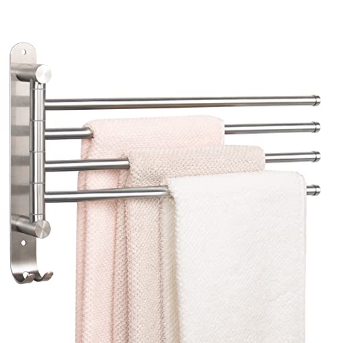 NearMoon Swivel Towel Rack, 13.8" Thicken 304 Stainless Steel 4-Arm Towel Bar, Space Saving Wall Mounted Towel Holder with Hook, Rustproof Swing Out Towel Hanger for Bathroom, Kitchen (Brushed Nickel) - color: Brushed Nickel, size: 13.8 Inch-Round