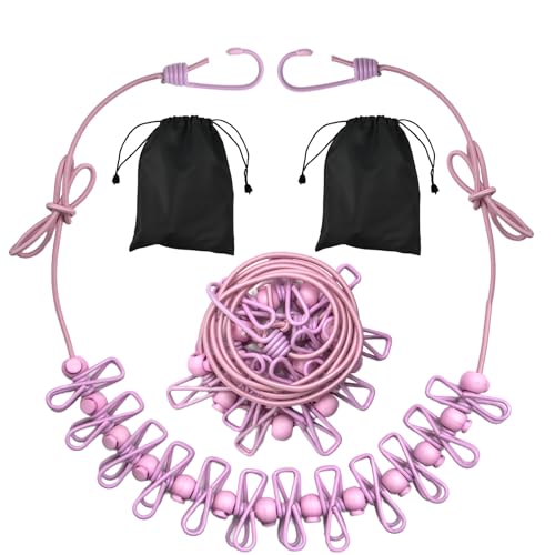 2 Pack Camping Clothesline Portable 12 Clothespins, Pink - style: Pink