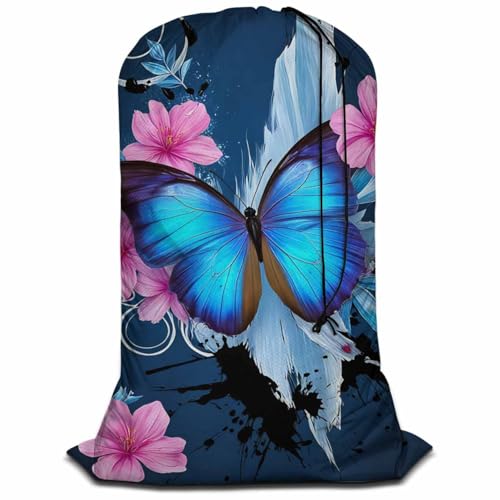 Swono Blue Butterfly Extra Large Laundry Bag with Drawstring Heavy Duty Travel Dirty Clothes Bag for Laundromat Household, Pink Floral Rip-Stop Laundry Hamper Liner, 28 x 40 Inch, Stroke Painting - color: Blue Butterfly