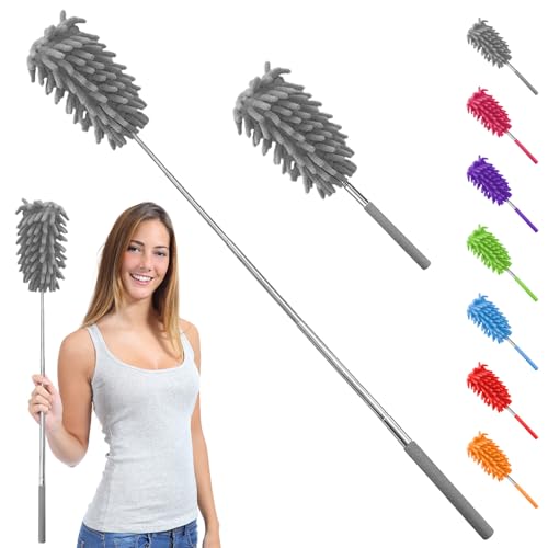 Microfiber Feather Duster with 30 in Telescoping Pole, Washable Chenille Head for Ceiling Fans, Blinds and Furniture, Gray - color: Gray