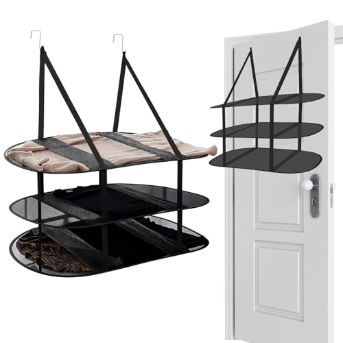 2Pcs Over The Door Drying Rack with 4 Hooks,3 Tier Sweater Drying Rack with Fixed Webbing,Large Folding Mesh Clothes Drying Rack for Dorms,Bathrooms and Bedroom(Black)