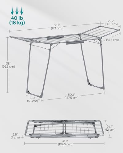 SONGMICS Clothes Drying Rack, Foldable, Heavy Duty, Space Saving - color: Gray, style: 2 Gullwings（22.2"D)