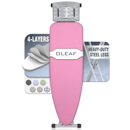 oleaf Ironing Board with Cover and Thicken Pad Height Adjustable Full Size Foldable Iron Board with Iron Rest, Stable Steel Legs, Metal Construction, Heat Resistant, Pink - color: Pink